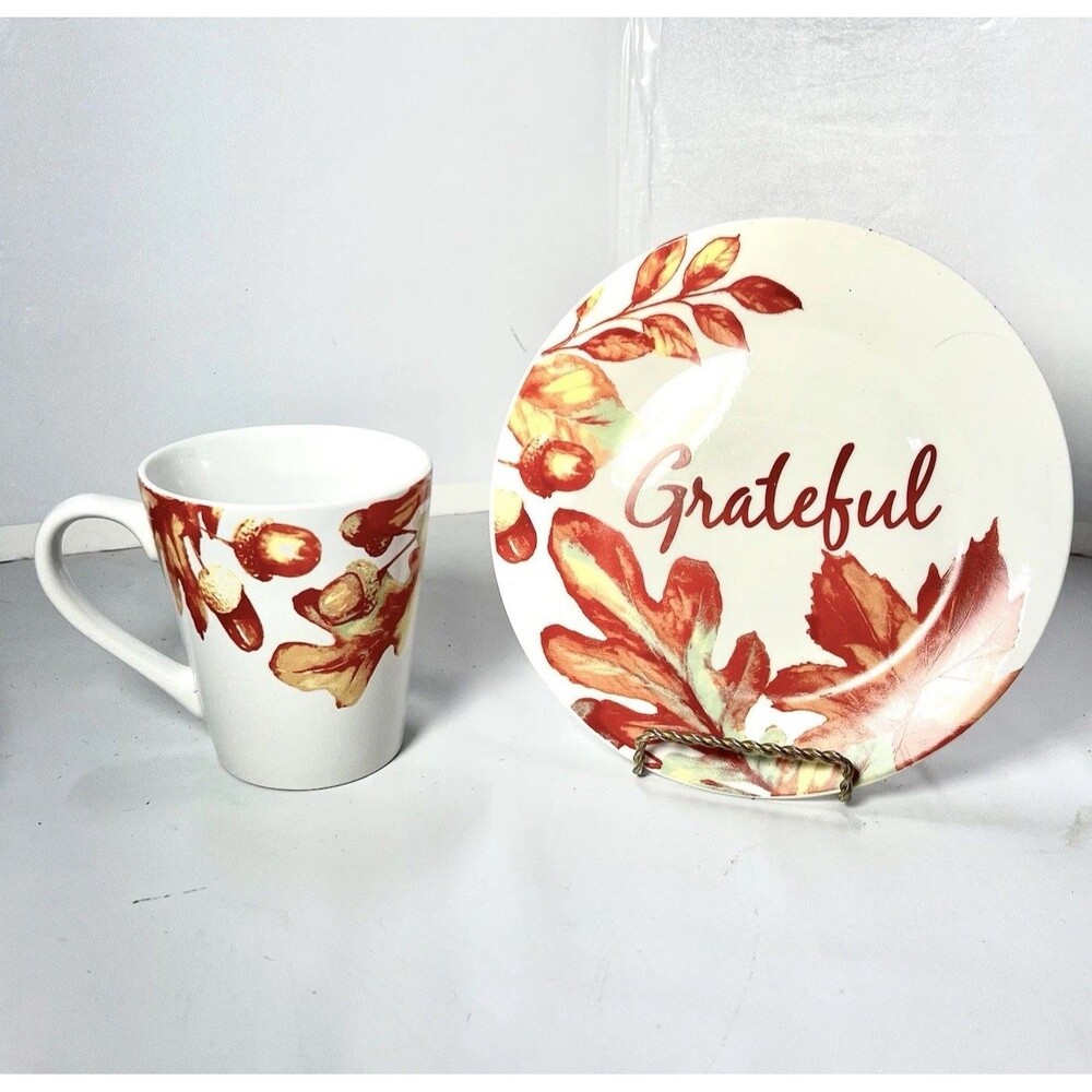 Royal Norfolk Grateful Autumn Leaves Ceramic 4” Coffee Mug & 7”Saucer Fall Decor